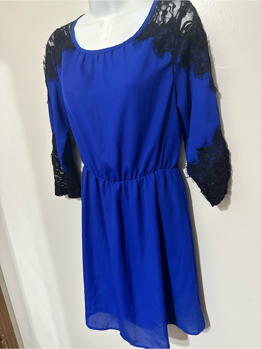 Charming Charlie Royal Blue Dress Size S Black Lace Long Sleeve Chiffon Style